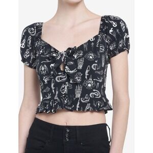 Social Collision Crop Top Goth Skull Tie Puff‎ Sleeves Ruffle Hot Topic Medium
